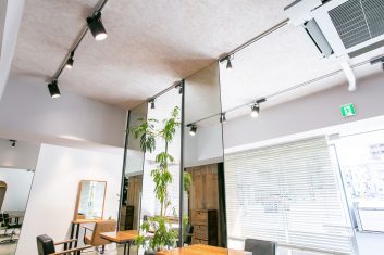 モダンな美容室の内装写真、自然光が差し込む明るい空間に木目調の家具と緑の植物が配置されたリラックスできる雰囲気
