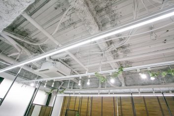 現代的な美容室のインテリアで、露出したコンクリートの天井と配管、明るく照らす蛍光灯、緑の植物がアクセントになっている空間